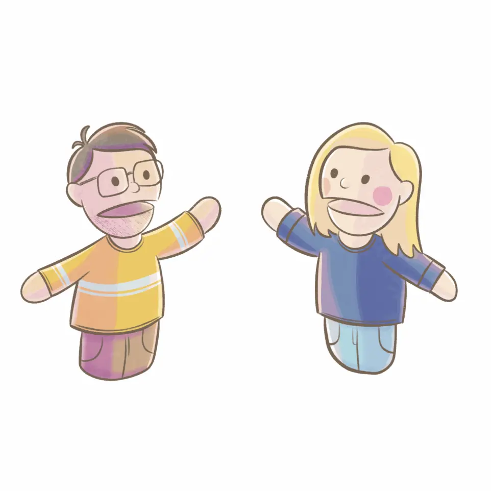 Deux dessins de marionnettes représentant à gauche Kevin Zanelli et à droite Adeline Wallon les fondateurs d'Azalys.